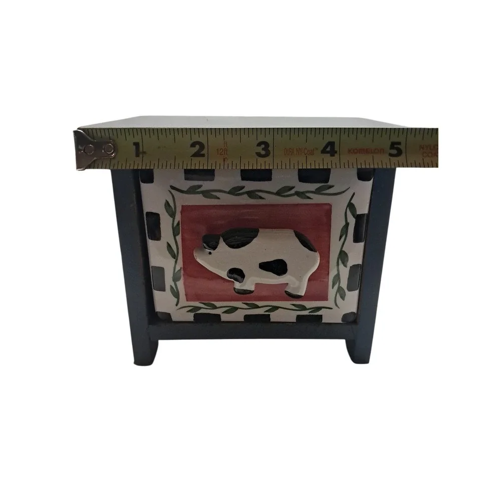 Wooden Spice Or Condiment Box w/Ceramic Cow Drawer Organizer Storage Cottagecore